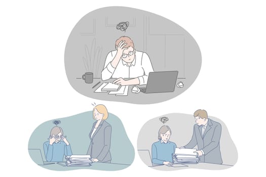 Stress, overwork, exhaustion, depression, overload concept. Unhappy depressed young people office workers sitting with heap of documents and much work and feeling stressed and tired in office