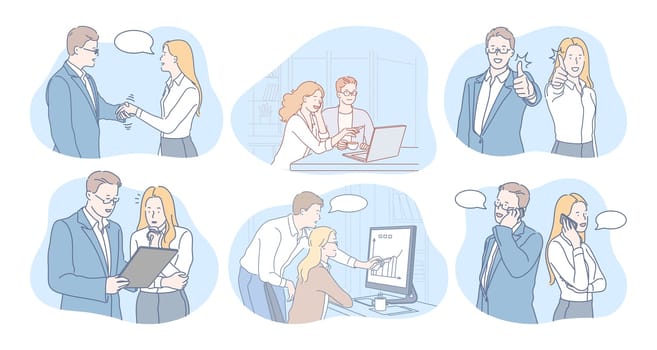 Communication, business, teamwork, marketing, agreement concept. Business people partners coworkers cartoon characters discussing projects, analysing marketing data, having brainstorming, negotiating