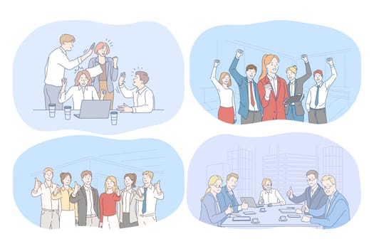 Success, agreement, business, negotiations, teamwork concept. Happy young business people partners cartoon characters showing thumb up sign after successful meeting, discussing business development