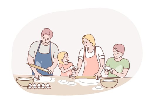 Recreation, fatherhood, cooking, family day, motherhood concept. Family man dad woman mum children kids son daughter cookers preparing pie on kitchen together. House bakery on fathers and mothers day.