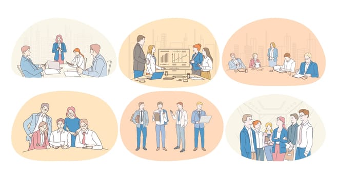 Teamwork, coaching, negotiations, finance, marketing, finance, development, communication concept. Business people office workers discussing projects collaborating making presentations and couching