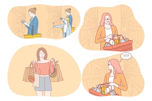Shopping, supermarket, grocery store concept. Young positive woman cartoon character walking along shelves in supermarket with cart and choosing fresh products and food ingredients to buy