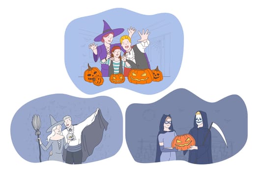 Celebrating Halloween holiday in spooky costumes concept. Young positive people cartoon characters in hats, vampire, witch, monster costumes celebrating Halloween with traditional pumpkins in hands