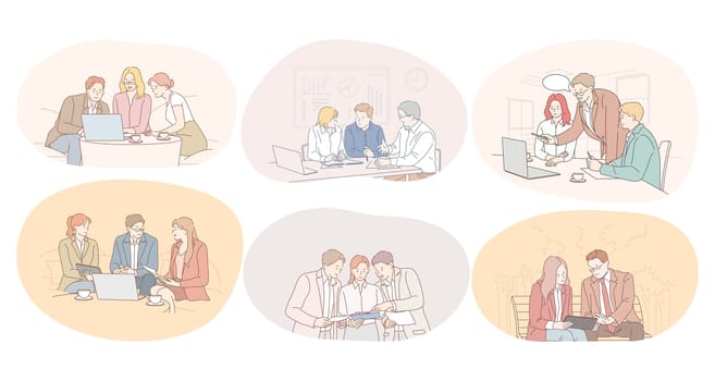 Teamwork, brainstorming, discussing, cooperation, negotiations concept. Business people partners coworkers cartoon characters discussing projects and startups together in office, having brainstorming