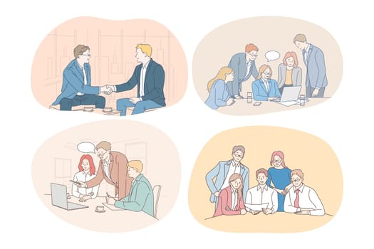 Teamwork business negotiations deal, office, agreement, cooperation concept. Business people partners coworkers discussing projects during brainstorming, arguing, making presentation together