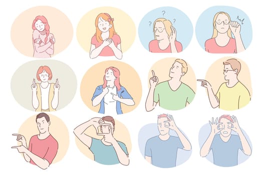 Sign language, gestures, hands communication concept. Young boys and girls cartoon characters showing hugs, hope, thankfulness, shock and pointing both finger to different sides illustration