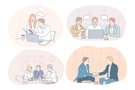Teamwork, brainstorming, business, negotiations, deal, office, collaboration concept. Business people partners coworkers discussing projects and startups together in office, having brainstorming