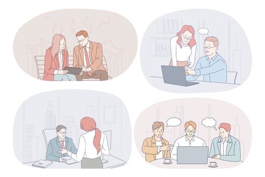 Teamwork, communication, business, cooperation, discussion, report concept. Business people partners coworkers discussing working projects, having brainstorming, making presentations together