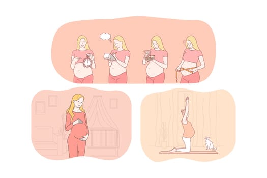 Pregnancy, motherhood, expecting for childbirth and baby concept. Young happy pregnant women cartoon characters measuring belly, relaxing on mat, feeling love and counting days before birth giving day