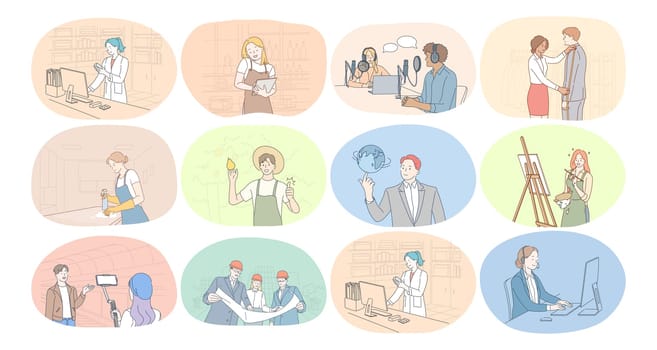 Professions, occupation, work, job, labor, business concept. People scientist waiter journalist tailor cleaner farmer teacher painter artist engineer manager pharmacist manager during work