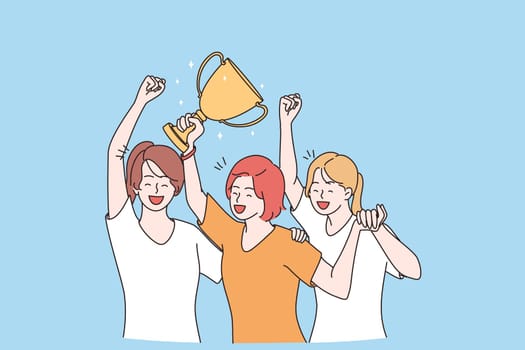 Winning, success, celebration victory concept. Group of smiling happy girls team cartoon characters standing holding golden prize for first place in hands celebrating victory vector illustration