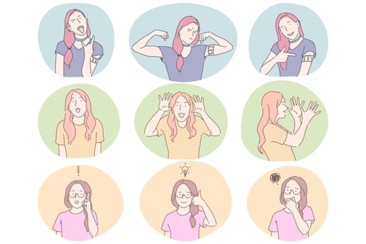 Sign language, gestures, hands and facial expression communication concept. Young girls cartoon characters showing cool strength, power, fun, having idea and showing doubt, having fun and foolish