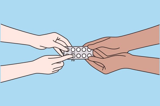 Medical support and healthcare concept. Hands of Doctor or physician recommending pills medical prescription to male Patient during visit vector illustration