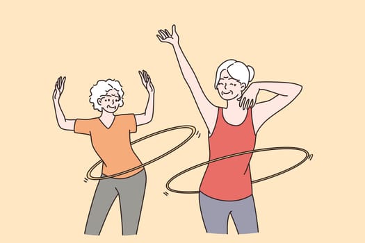 Elderly people active lifestyle concept. Two smiling happy healthy mature aged women friends making sport workout and rolling hoops on waists vector illustration