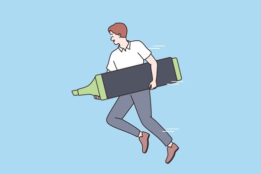 Aiming business goals and time management concept. Young positive businessman cartoon character running and holding huge green marker in hands vector illustration