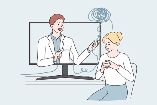 Telemedicine and online medical support concept. Young woman cartoon character sitting and getting medical support from virtual doctor online from remote visit vector illustration