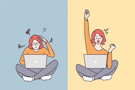 Feeling doubt and having great idea concept. Young frustrated woman sitting on floor feeling doubt with question signs above and having great idea vector illustration