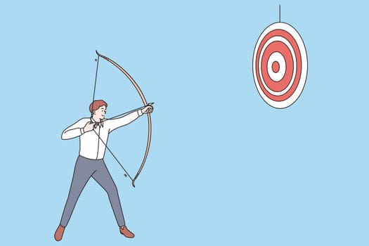 Business success and achievement concept. Young smiling positive businessman cartoon character standing and using crossbow to reach goal vector illustration