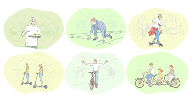 Healthy active lifestyle, sport, leisure hobby concept. Young people enjoying playing tennis, skateboarding, riding bicycle, scooter and running or jogging. Competition, marathon, family activity