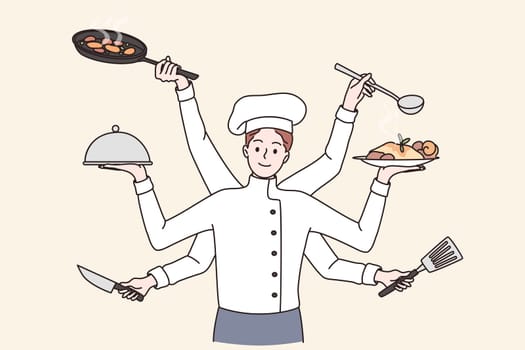 Multi tasking cooking chef concept. Smiling young Multitasking kitchen chef man cartoon character in working uniform standing cooking holding dishes in many hands vector illustration