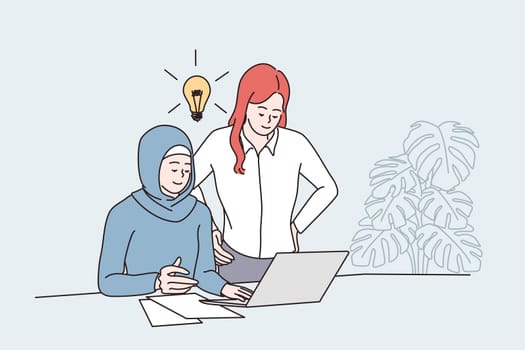 Having business idea and teamwork concept. Young caucasian and arab women colleagues having meeting and discussion in office with great new ideas near laptop vector illustration