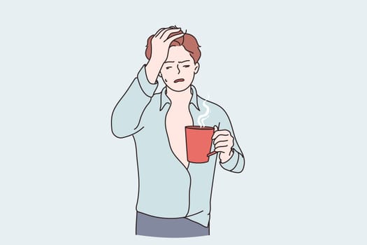 Morning hangover and flu concept. Sleepy guy cartoon character standing with tea cup having headache feeling insomnia cold and fever vector illustration