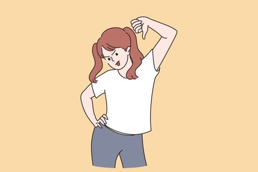 Thumbs down and negative expression concept. Young dissatisfied girl teen cartoon character standing showing thumbs down sign with fingers feeling anger vector illustration