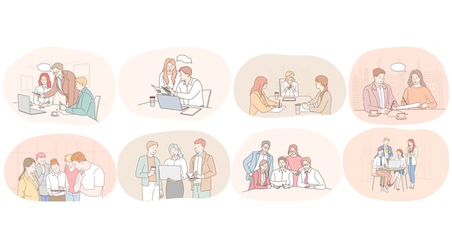 Teamwork, brainstorming, startup, cooperation, strategy, negotiations, meeting, business concept. Business people office workers partners discussing projects and startups together and sharing ideas