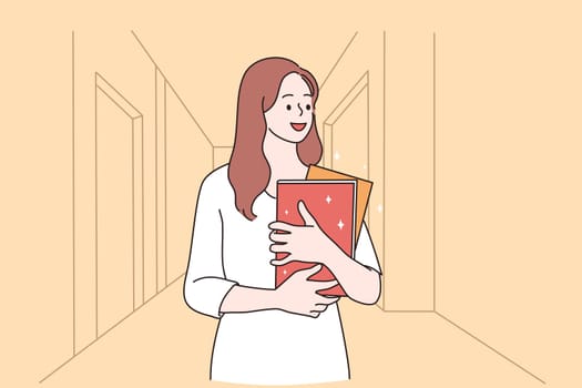 Thoughtful before lesson emotions concept. Red haired professional English teacher woman cartoon character feeling thoughtful and smiling before lesson vector illustration