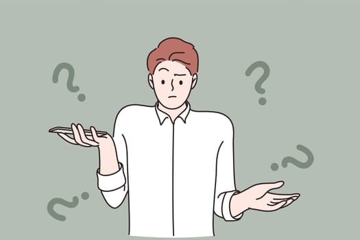 Unknown phone number emotion concept. Frustrated young man cartoon character standing looking surprised and shrugging his shoulders after getting phone call from unknown person vector illustration