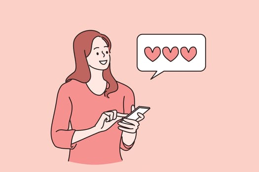Popular blogger or vlogger concept. Cheerful girl cartoon character popular blogger looking glad standing with smartphone and checking number of followers and likes vector illustration