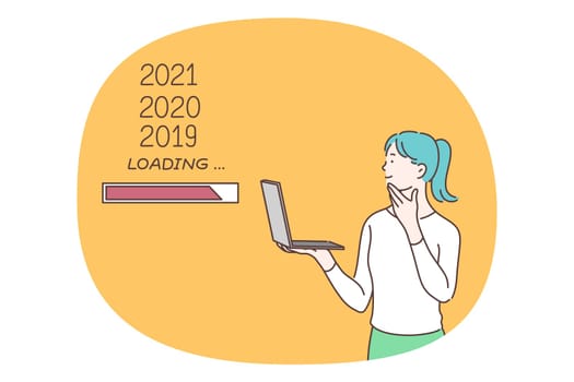 Information downloading, software and technologies concept. Young smiling business woman cartoon character standing with laptop and loading data from previous years from internet cloud