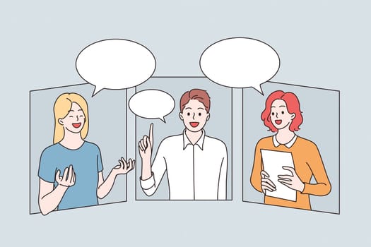 Online communication and video conference concept. Group of young positive business partners having remote meeting online and discussing projects together vector illustration