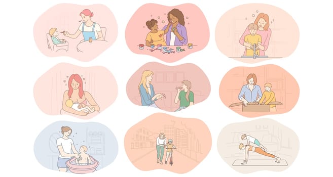Mother and child, motherhood, home activities with children concept. Young women mothers feeding, playing, drawing, washing, practicing yoga, communicating and teaching children vector illustration