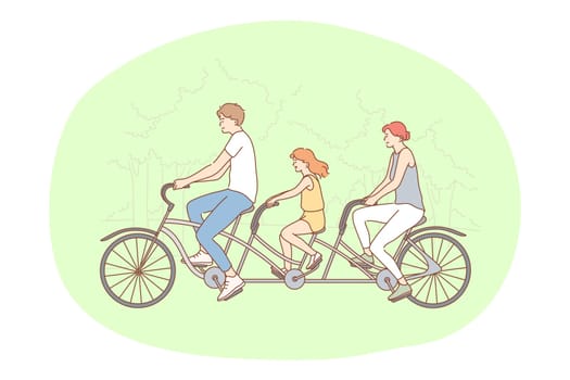 Healthy active lifestyle, sport, leisure hobby concept. Young happy family enjoying riding bicycle together in park on summer illustration. Family activity, entertainment, fitness, fun