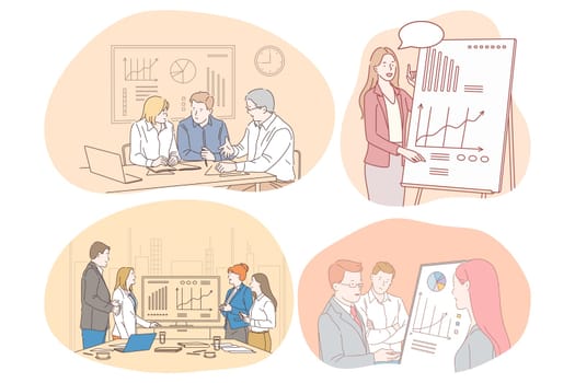 Marketing finance teamwork business communication presentation, statistics concept. Business people cartoon characters discussing profits, development during brainstorming, making presentations