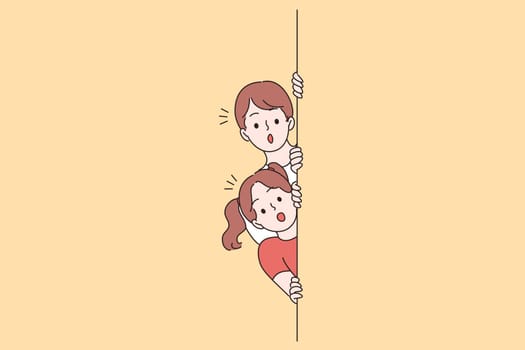 Feeling surprised and amusement concept. Small surprised boy and girl children kids looking from wall feeling frustrated shocked with something vector illustration