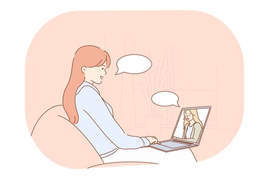 Online communication, chatting, teleconference concept. Young smiling woman cartoon character sitting at home with laptop and communicating with friend online during video call illustration