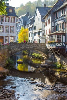 MONSCHAU, GERMANY - SEPTEMBER 22, 2020: small town Monschau with unidentified people. The historic town center has many half-timbered houses and narrow streets remained nearly unchanged for 300 years