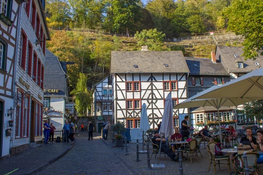 MONSCHAU, GERMANY - SEPTEMBER 22, 2020: small town Monschau with unidentified people. The historic town center has many half-timbered houses and narrow streets remained nearly unchanged for 300 years
