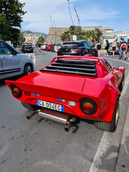 San Remo, Italy - August 8, 2021: Red Lancia Stratos HF Rally Italian Sports Car Parked In The Street Of San Remo In Italy, Europe. Close Up Rear View