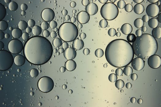abstract macro background of oil circles floating over water surface . Macro closeup view of bubbles on water . oil bubbles in the water macro photographic background