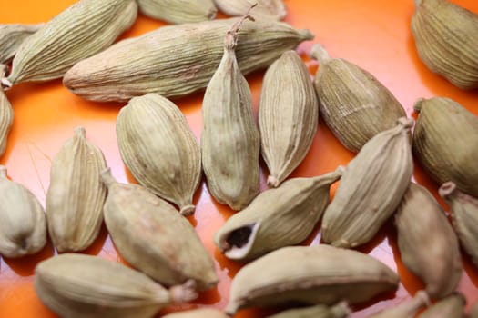 Closeup top view of dried green Elettaria cardamomum fruits with seeds, cardamom spice scattered on white background