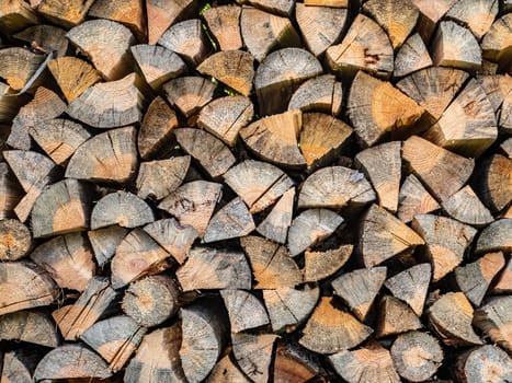 Wood chopped with an ax for heating a rural house. Wood burning stove. Heating season. Pine forest. Industrial logging. Sawmill. Pine sawing. Environmental protection. Ecology. Place for text.