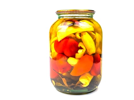 Canned Bulgarian pepper vegetable in a glass jar. Pickled vegetables bell pepper. Harvest conservation for the winter. Marinate in a glass jar. Recipe. Home kitchen. Menu. Salting food. Cooking food.