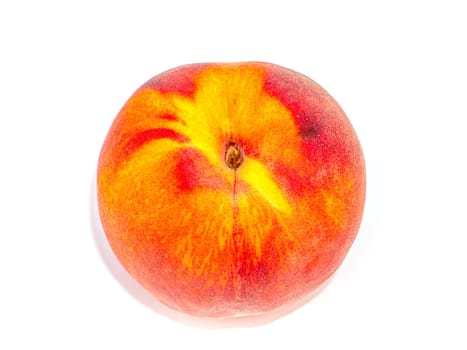 Red peach fruit on a white background. Harvesting fruit orange peaches. Agriculture. Food photo. Sweet food. Vitamins. Peach juice. Fruit shop showcase. Place for your text. Background image.