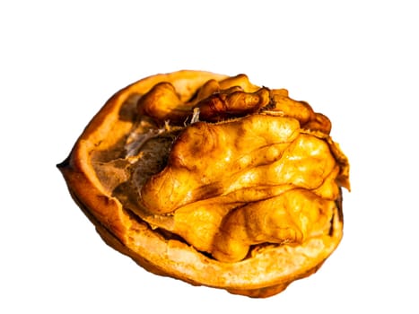 Chopped walnut fruit on a white background. Walnut kernel. The shell is cracked. Harvesting garden crops. Isolated on white background. Background image. Place for your text. Shop window. Poster.