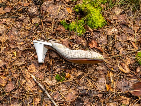 Old women shoes with heels are scattered on the ground in the forest. Ecology. background image. Environment. Place for text. Garbage dump in the forest.