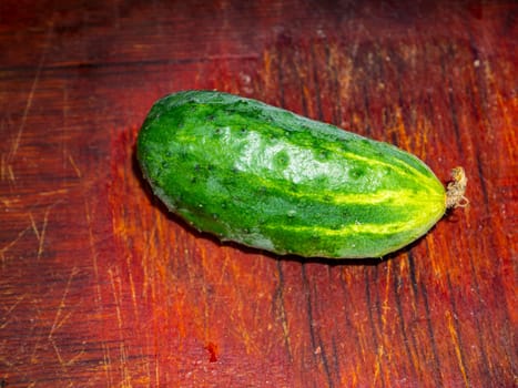 Green cucumber on a kitchen wooden cutting board. Cooking vegetable salad. Culinary recipe. Cooking food. Food photo. Home kitchen. Menu. Place for text. Template. Place of advertising.