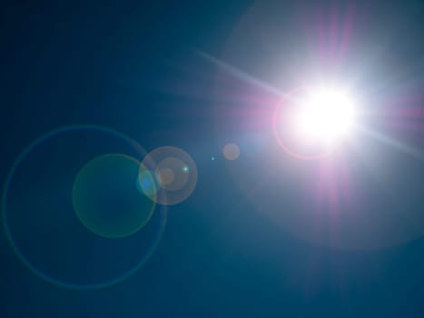 The sun on the background of a blue cloudless sky. Cloudy landscape. Nature. Space. Sunlight. Sun glare. Admire the view. Background image. Free space for text. Template. Poster.